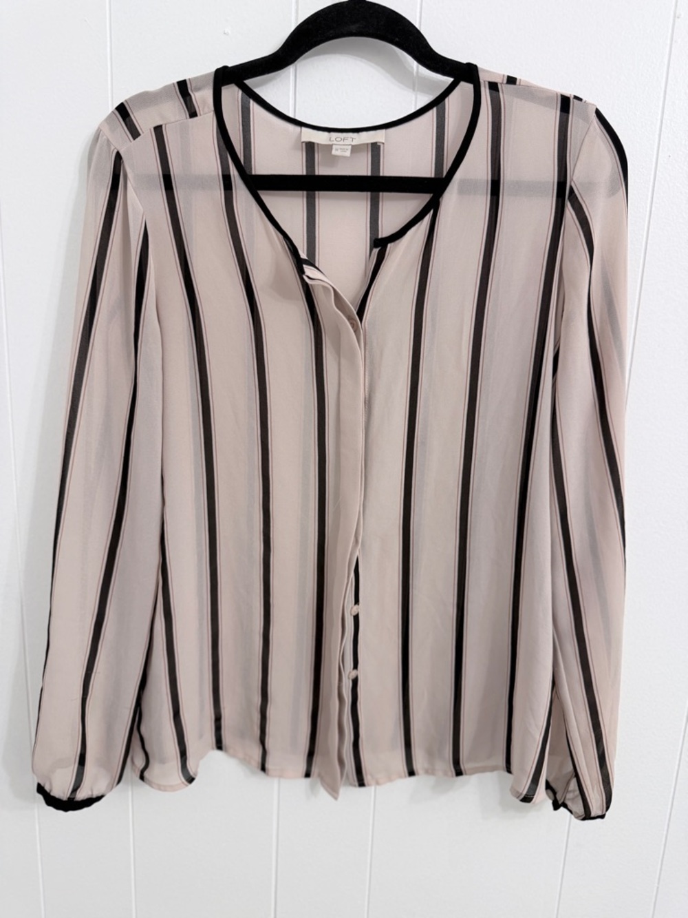 LOFT Beige Blouse with Black Vertical Stripes
